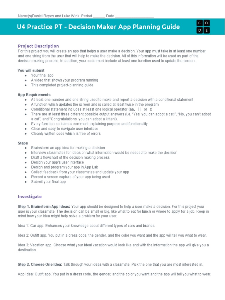 CSP U4 Practice PT Planning Guide | PDF | Variable (Computer Science ...