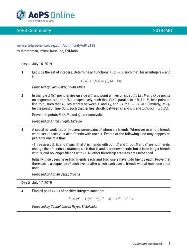 Aops Community 2019 Imo Proposed by Liam Baker, South Africa PDF