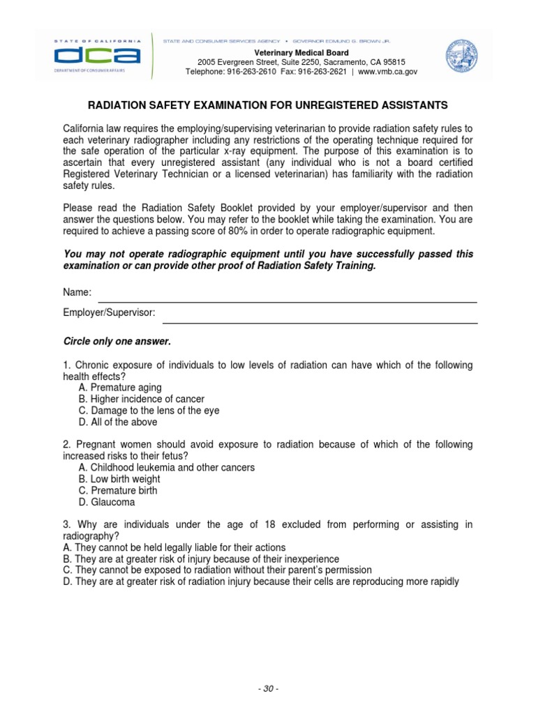 Radiation Safety Exam for Assistants | PDF | Radiography | Radiation ...