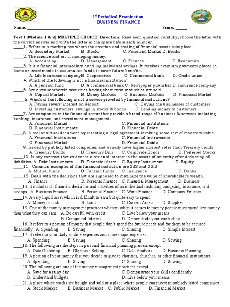 Business Finance 1st Quarter Examination 2223 PDF Financial Markets Stocks