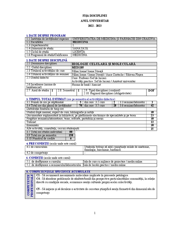 UMFCV.M.RO.D1.Biologie Celulară Și Moleculară | PDF