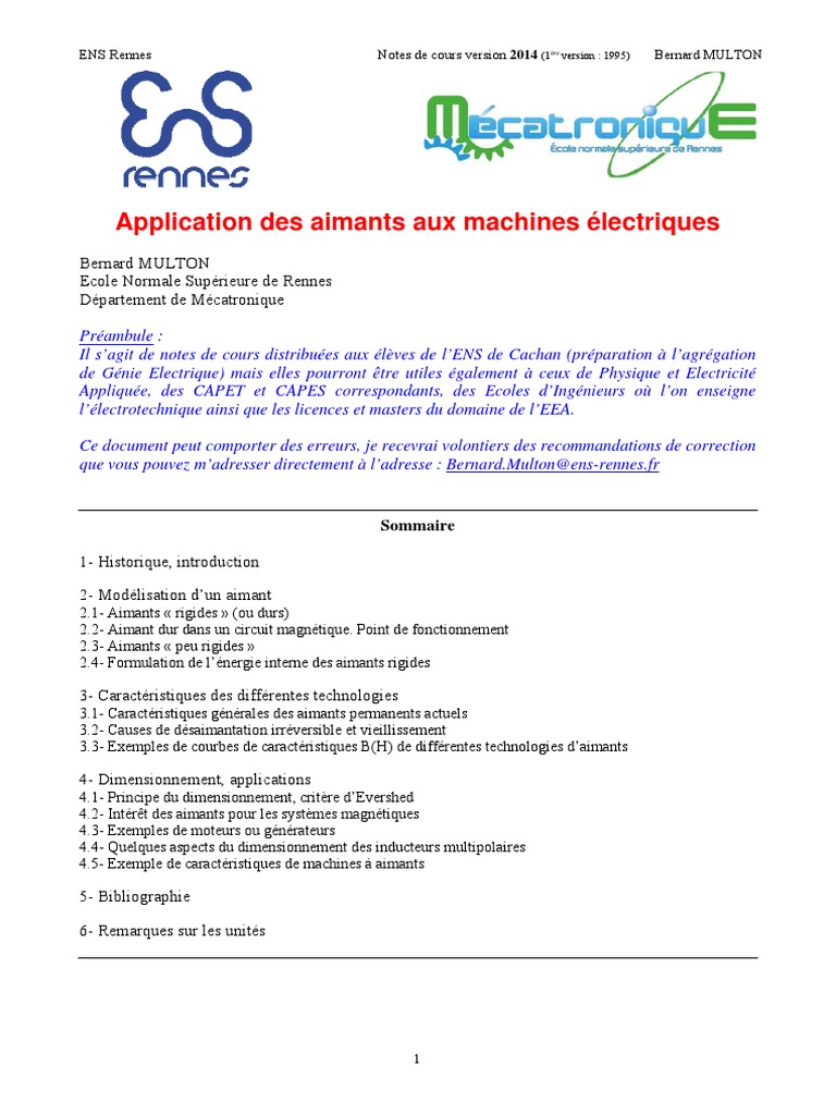 NotesCoursAimants BM2014 | PDF | Aimant permanent | Champ magnétique