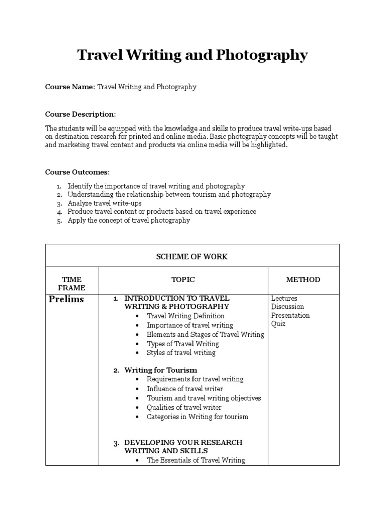 Course Outline Travel Writing and Photography PDF Tourism Marketing