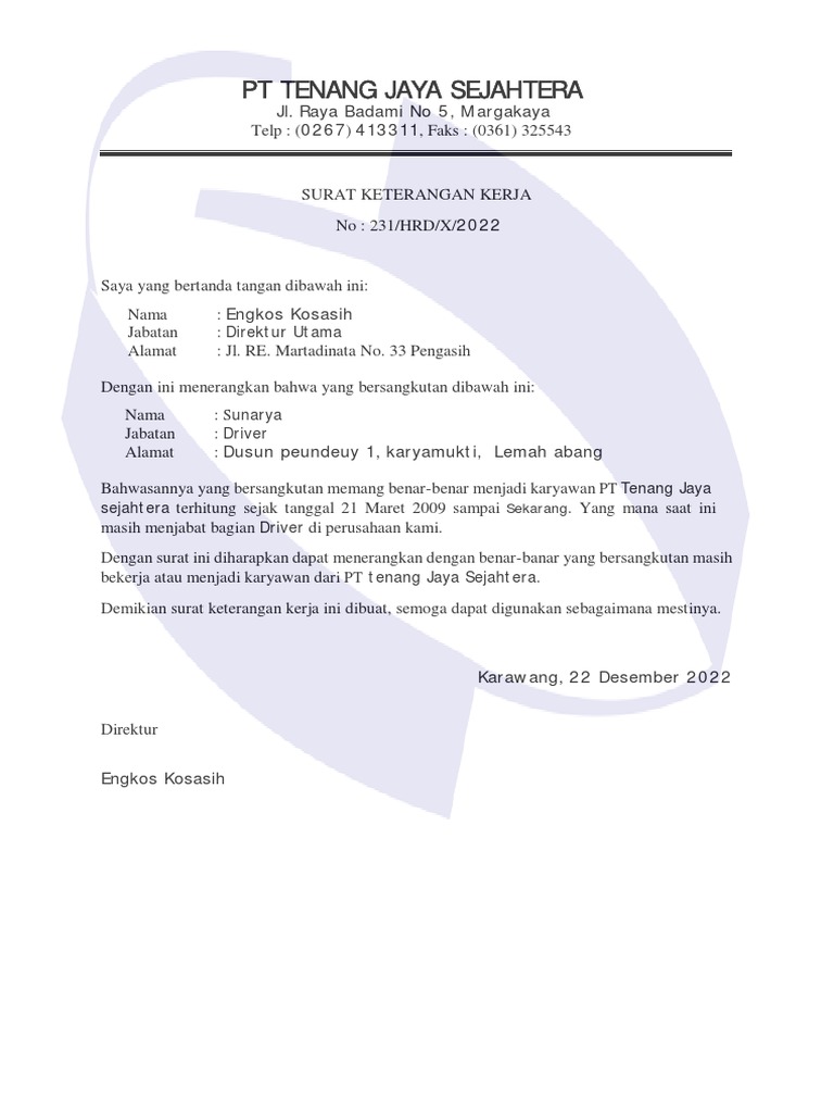 Contoh Surat Keterangan Kerja | PDF