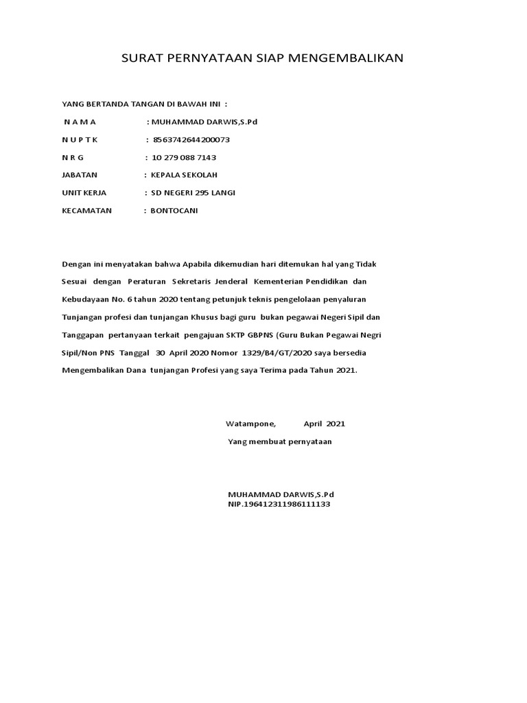 Surat Pernyataan Siap Mengembalikan | PDF