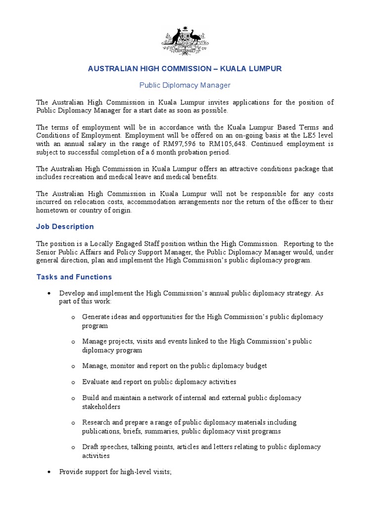 Public Diplomacy Manager Opportunity at the Australian High Commission