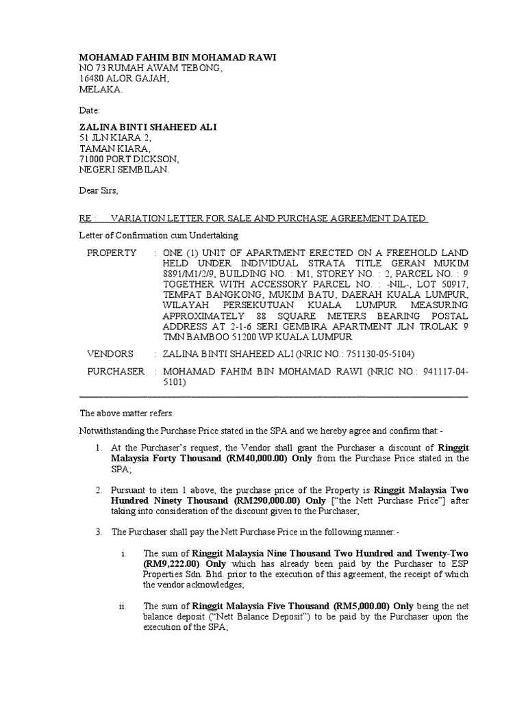 Variation Letter for Property Sale | PDF | Indemnity | Taxes