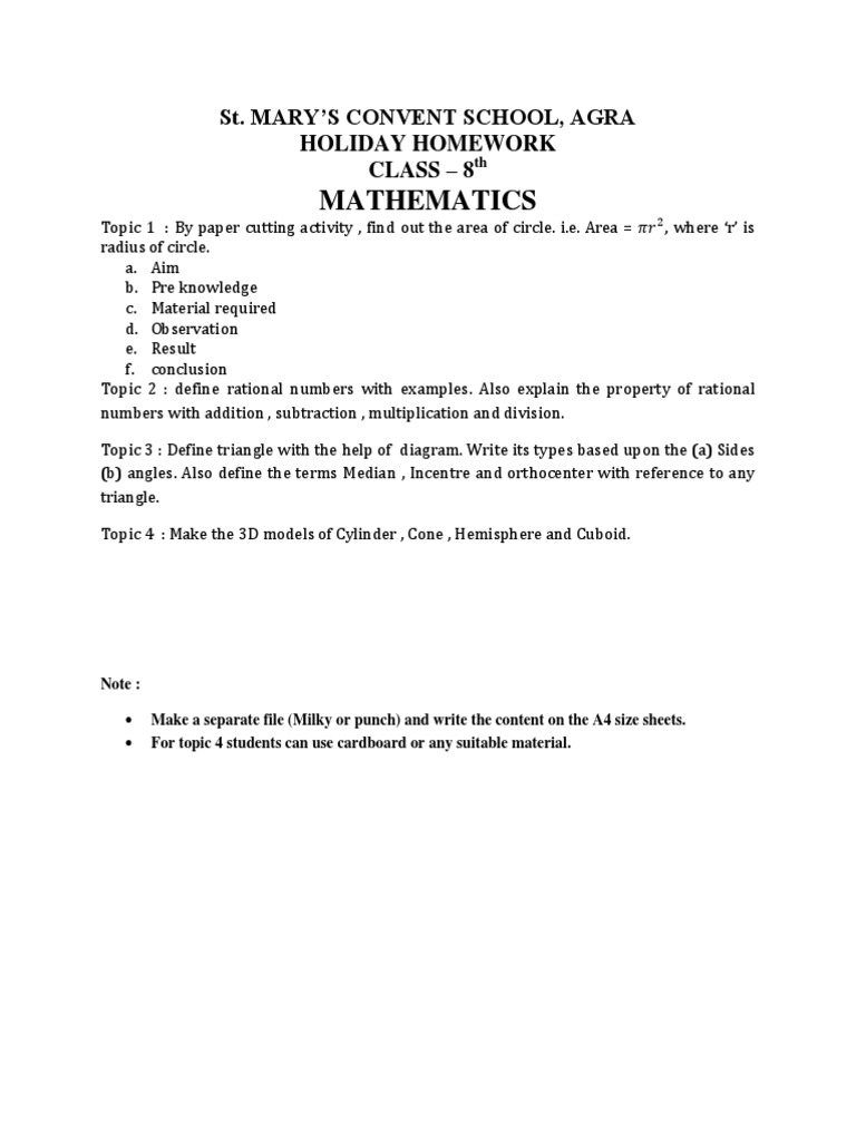 8th class maths holiday homework