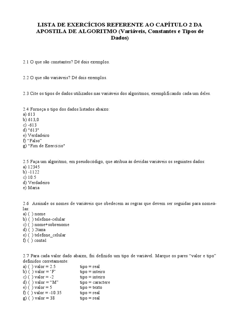 Exercícios sobre variáveis, constantes e tipos de dados | PDF ...