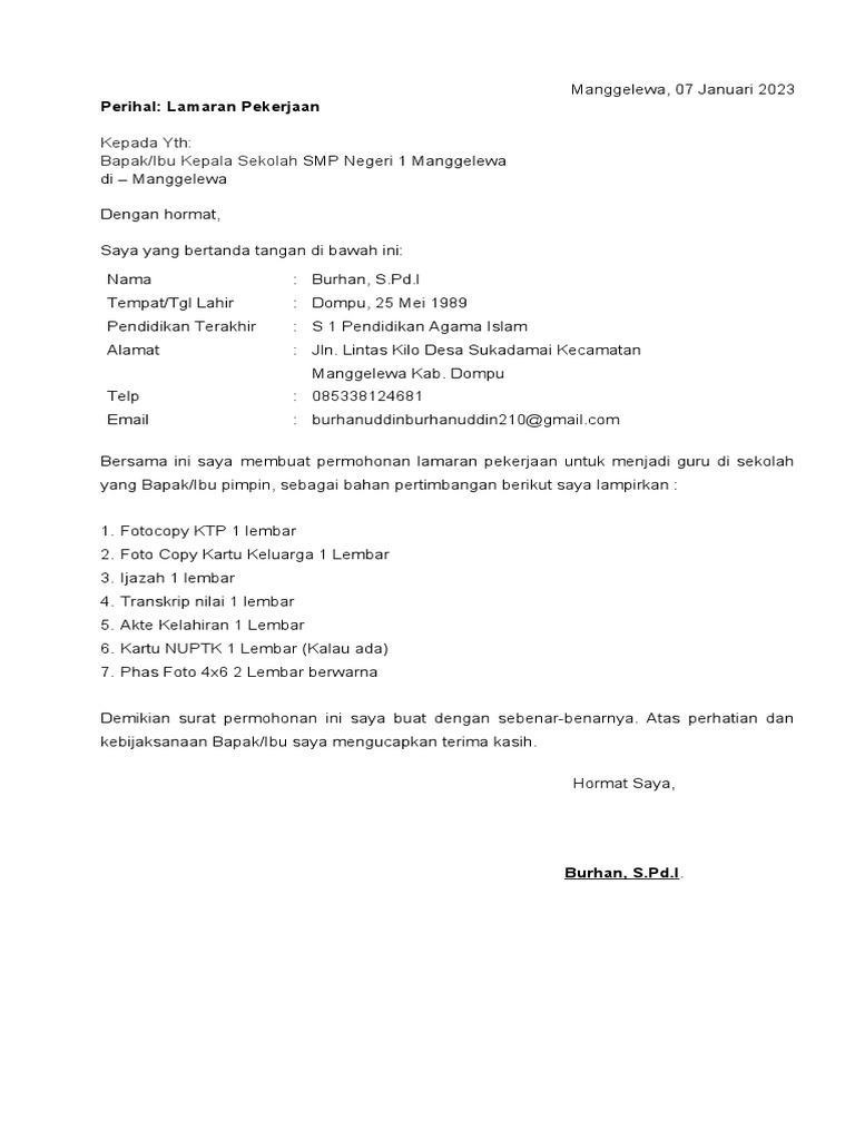 Contoh Surat Lamaran Kerja Guru SMP Umum | PDF