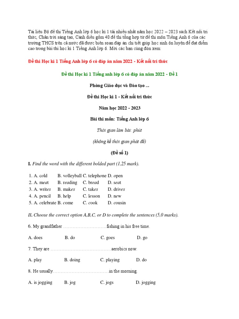 Bo 40 de Thi Tieng Anh Lop 6 Hoc Ki 1 Nam 2023 Co Dap An 3 Bo Sach | PDF