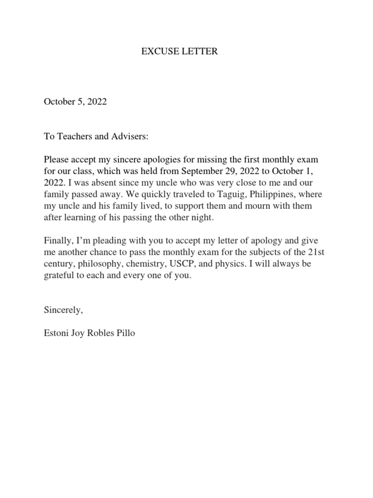 Excuse Letter (Monthly Exam) PDF