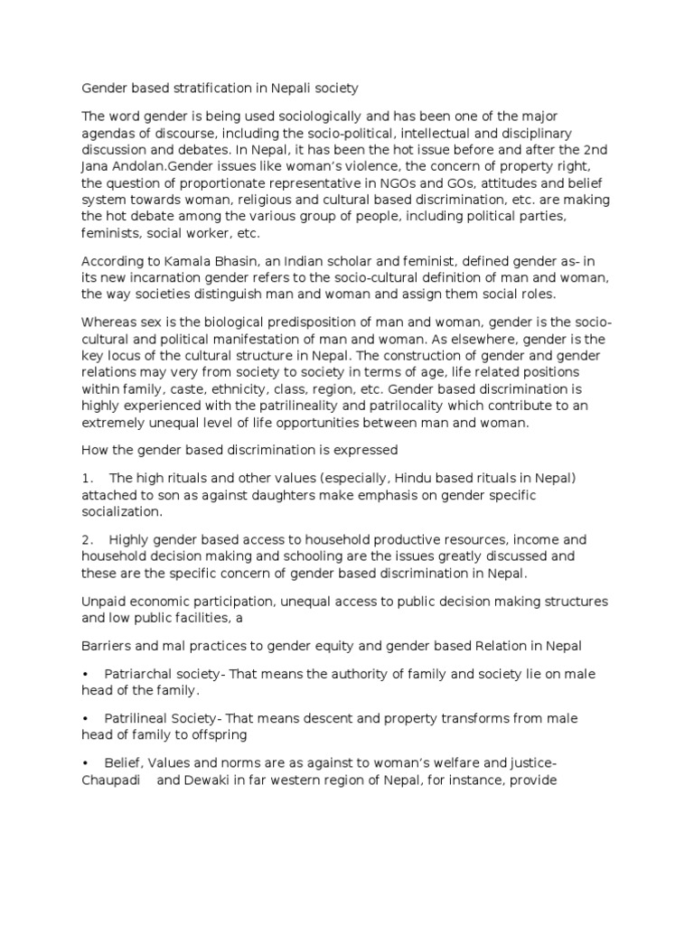 Gender Based Stratification in Nepali Society | PDF | Marriage | Gender