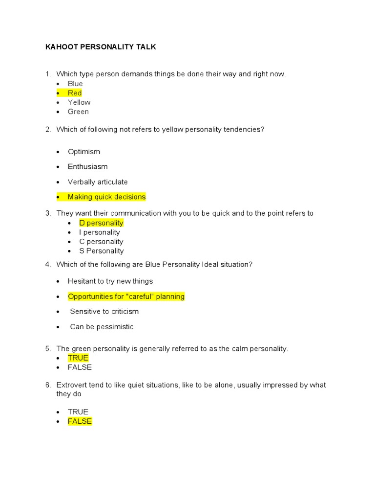 Kahoot Personality Quiz Insights | PDF