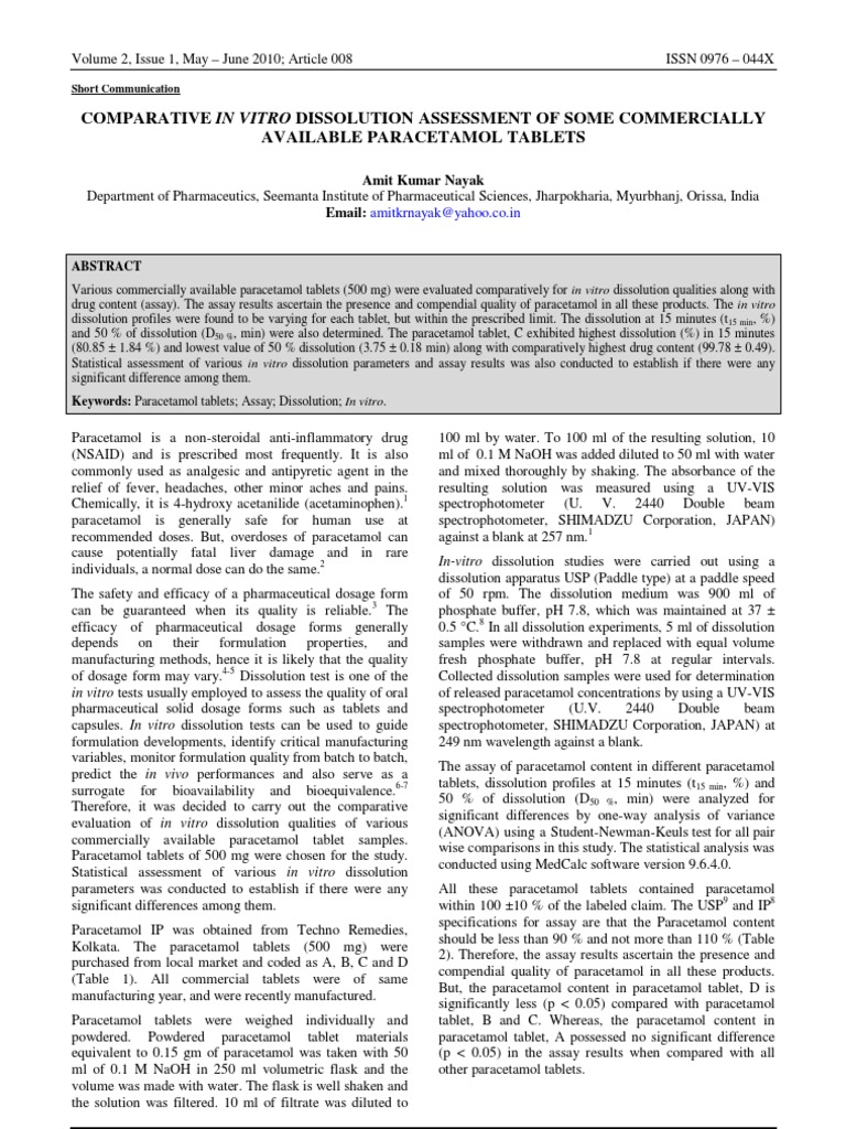 In Vitro Dissolution of Paracetamol Tablets | PDF | Spectrophotometry ...