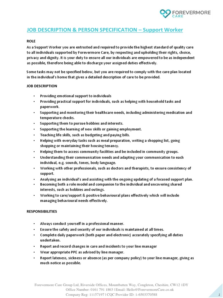 JOB DESCRIPTION & PERSON SPECIFICATION Support Worker PDF Health