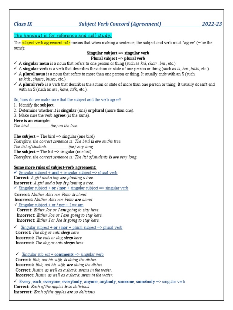 Subject-Verb Concord for Class 9 | PDF | Grammatical Number | Plural