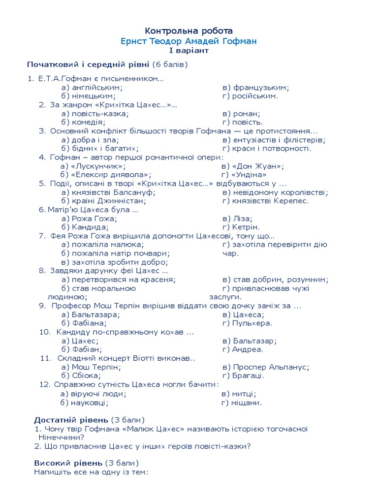 10 Клас (Рівень Стандарту) Контрольна Робота. Гофман. Крихітка Цахес | PDF