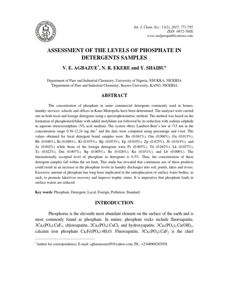 Assessment of The Levels of Phosphate in Detergents Samples PDF