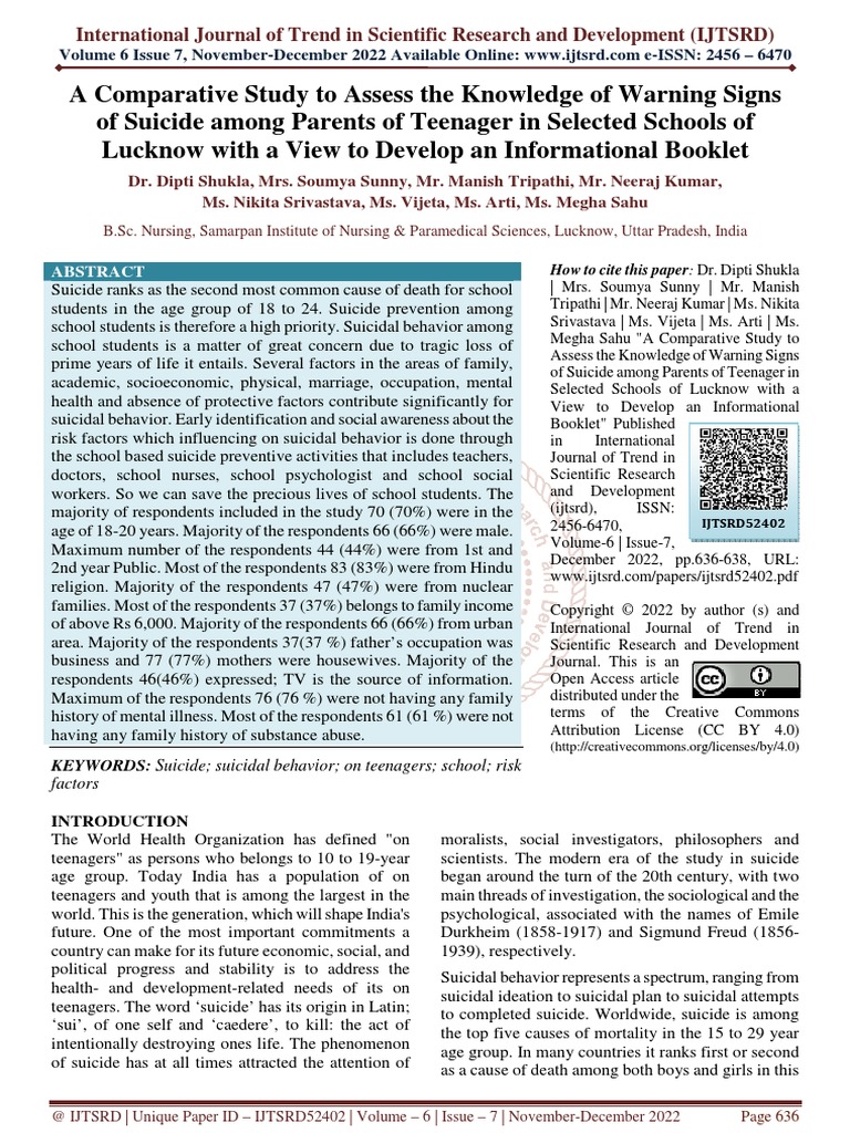 A Comparative Study To Assess The Knowledge of Warning Signs of Suicide ...