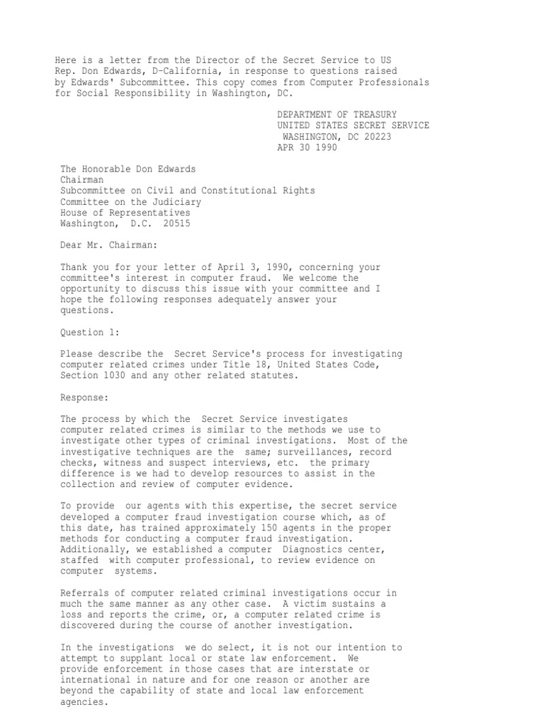 Dept of Treasury Letter | PDF | United States Secret Service ...