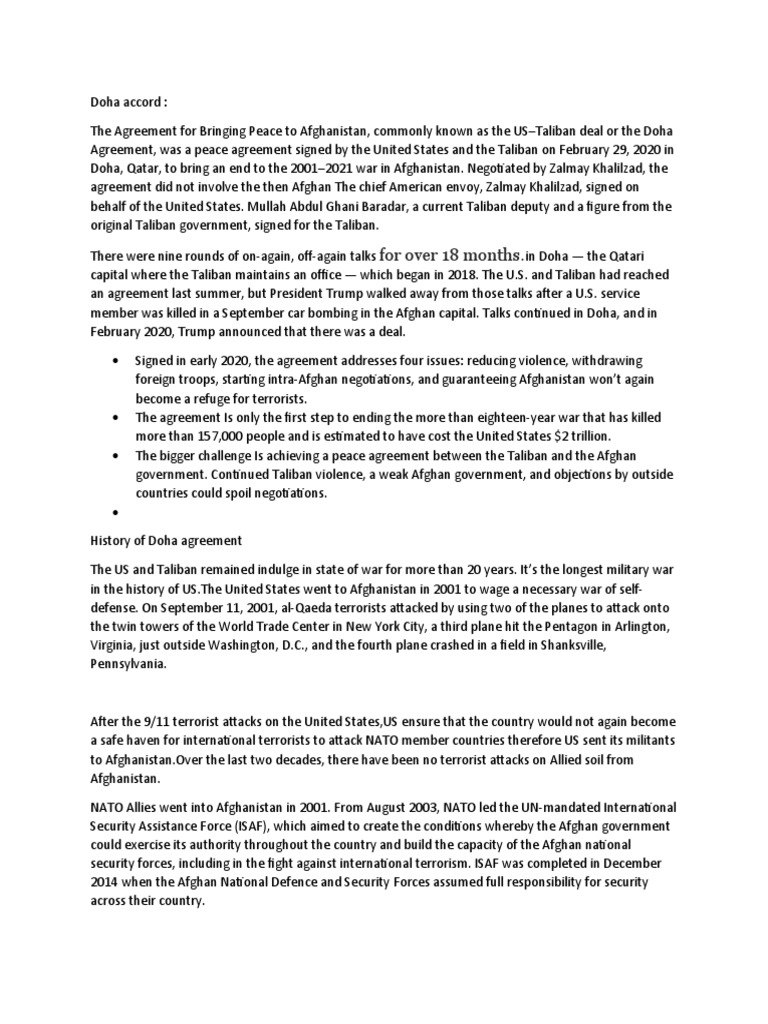 Doha Accord PDF Taliban Afghanistan