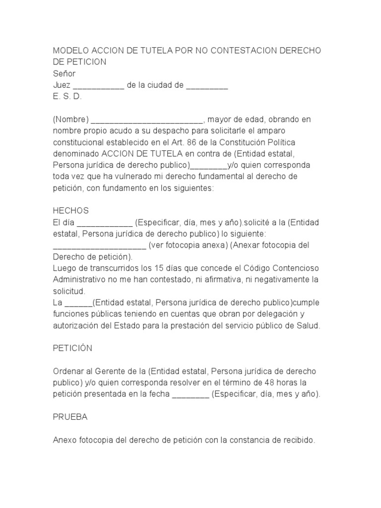Modelo Accion de Tutela Por No Contestacion Derecho de Peticion | PDF ...
