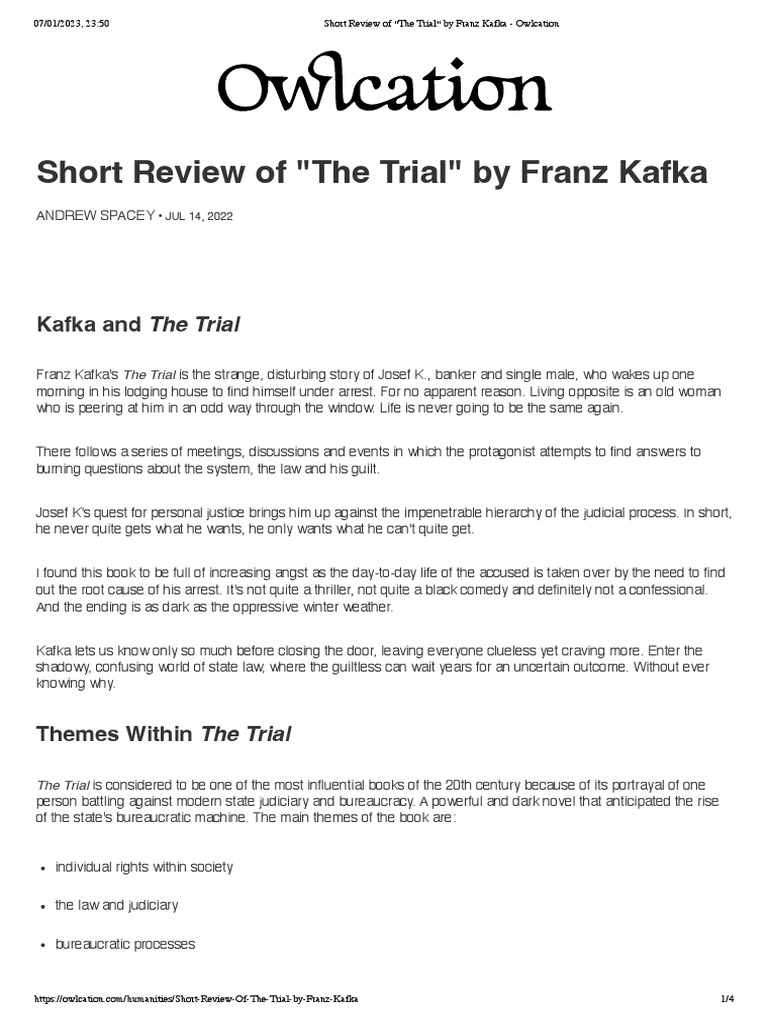 Short Review of The Trial by Franz Kafka (Owlcation) | PDF | The Trial ...