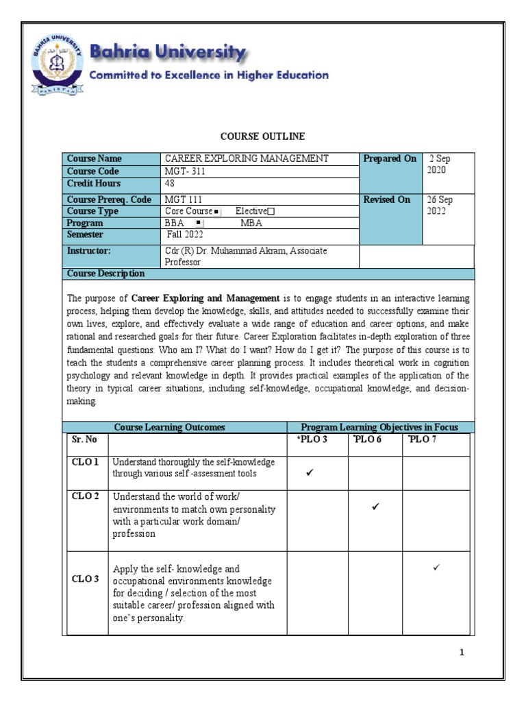 Course Outline CEM BBA 5 Fall 2022 01112022 012647am | PDF | Teaching ...