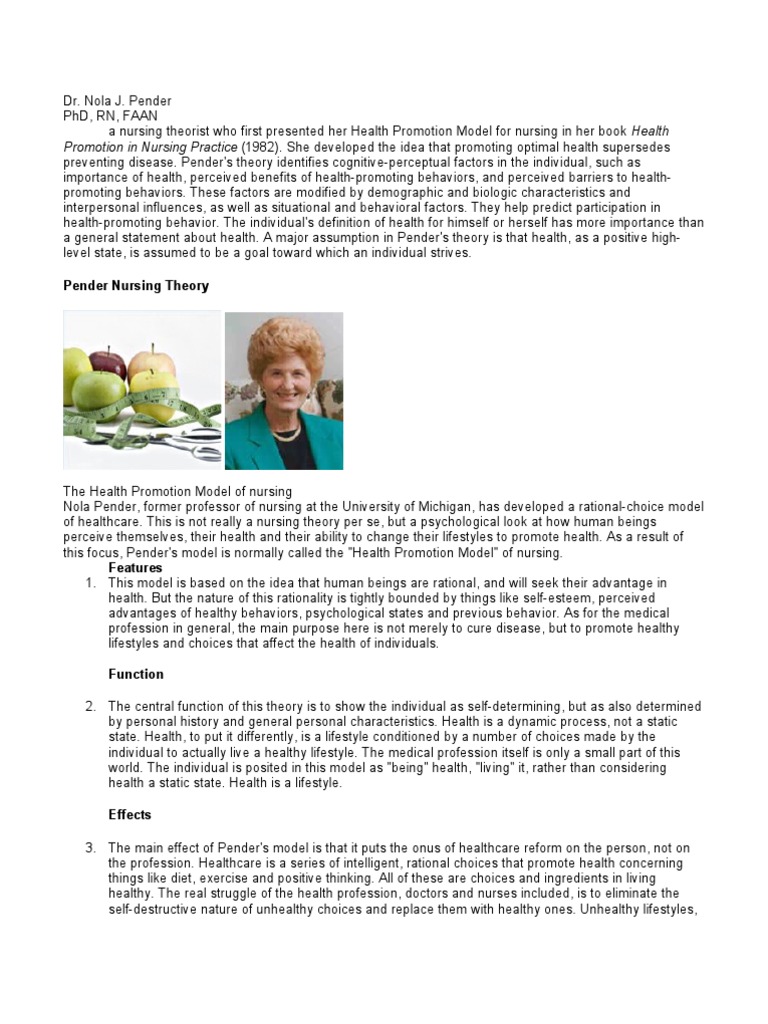 Pender's Health Promotion Model Explained | PDF | Self Efficacy | Behavior