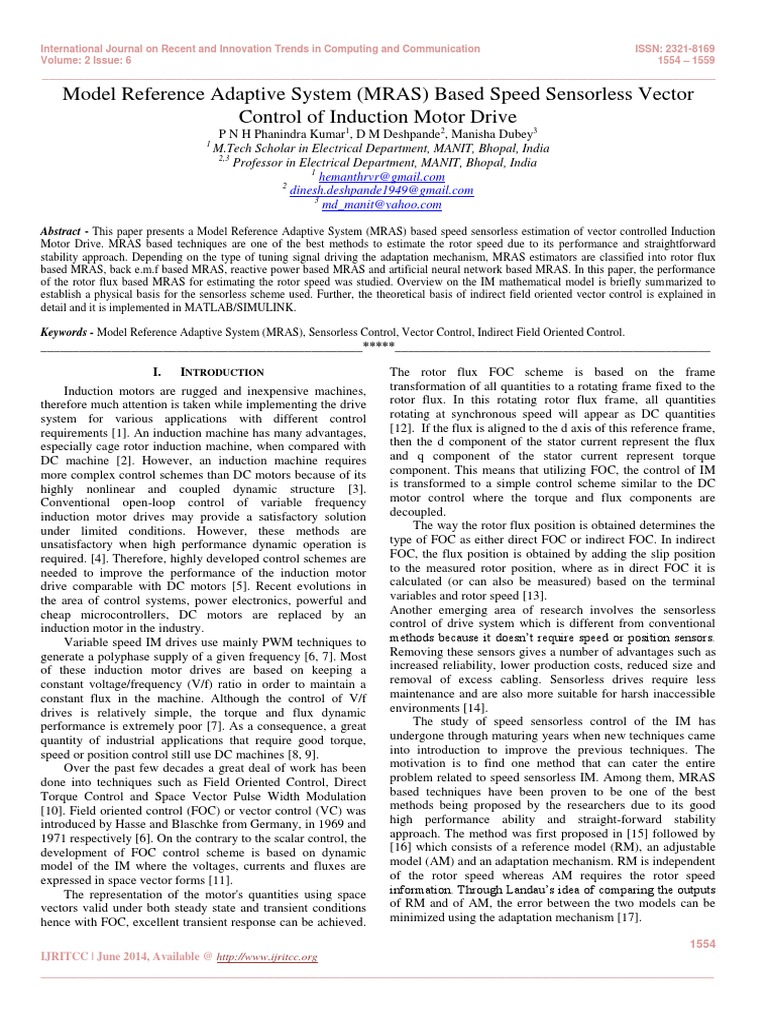 MRAS for Sensorless Motor Control | PDF | Electric Motor | Mechanical ...