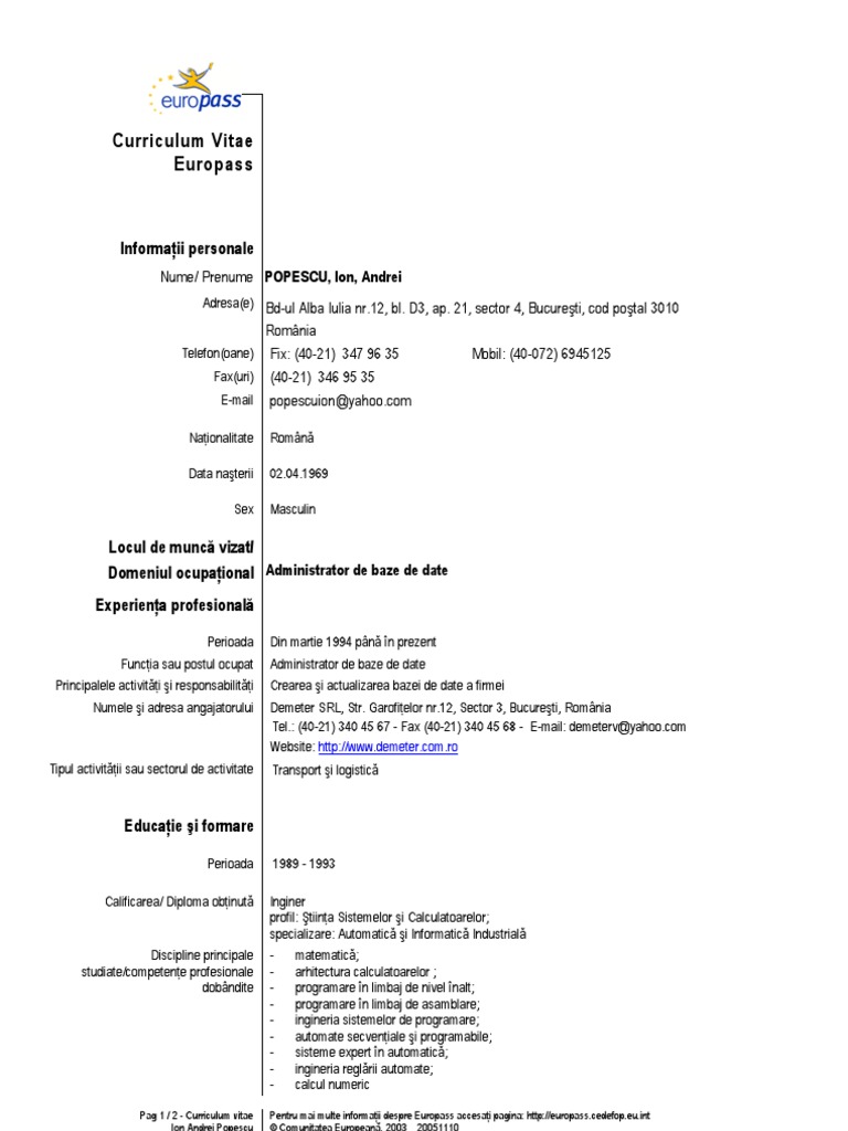 Model Cv European Completat Romana