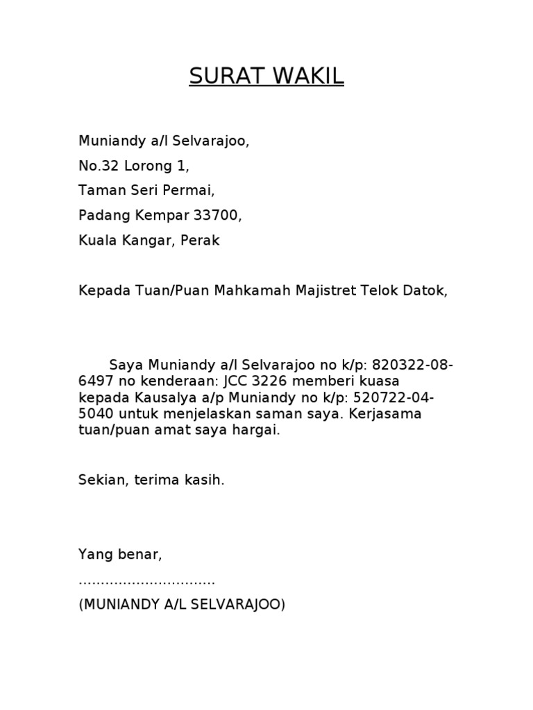 Contoh Surat Wakil Kuasa Lertyi