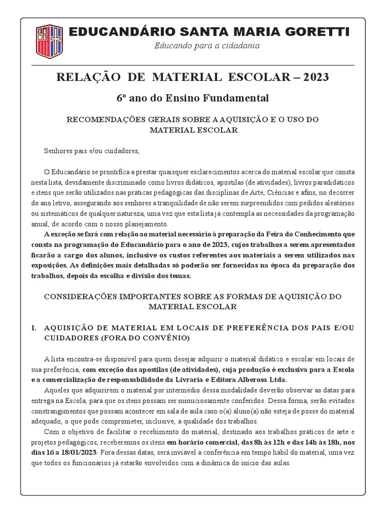 Material Escolar 6 Ano | PDF | Escolas