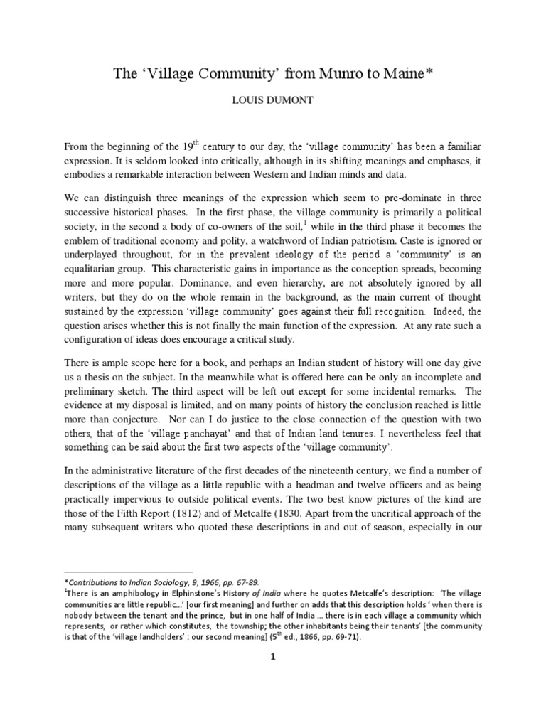 Louis Dumont The Village Community in India PDF Karl Marx Social