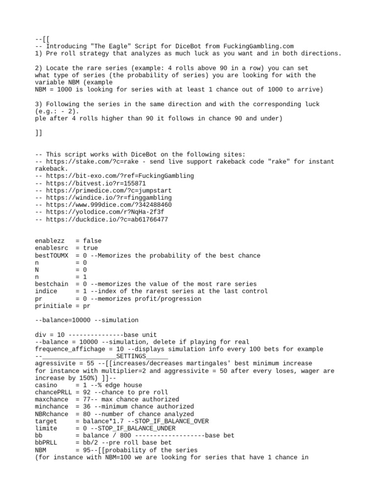 Eagle Script for DiceBot Strategy | PDF | Gambling | Gaming