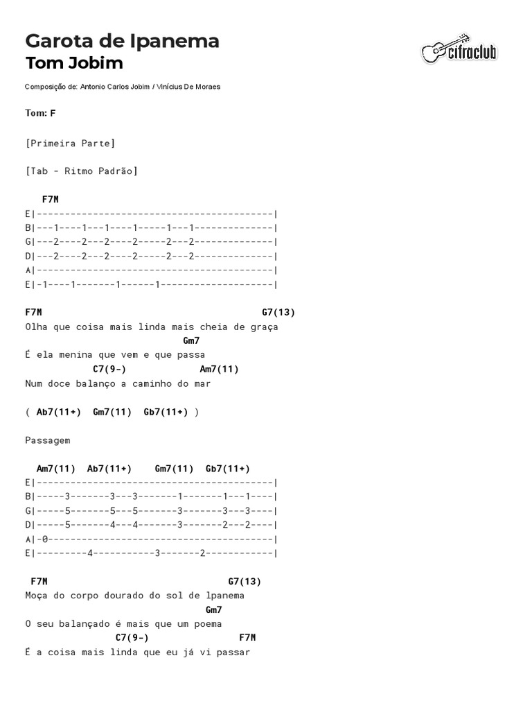 Cifra Club Tom Jobim Garota de Ipanema PDF