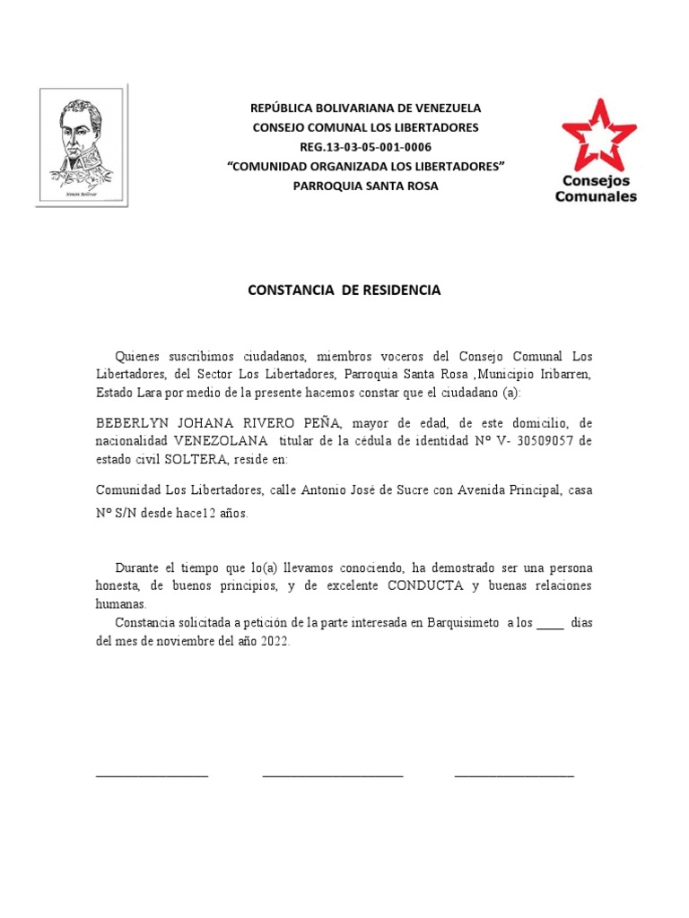 Carta de residencia los libertadores con tres firmas pdf