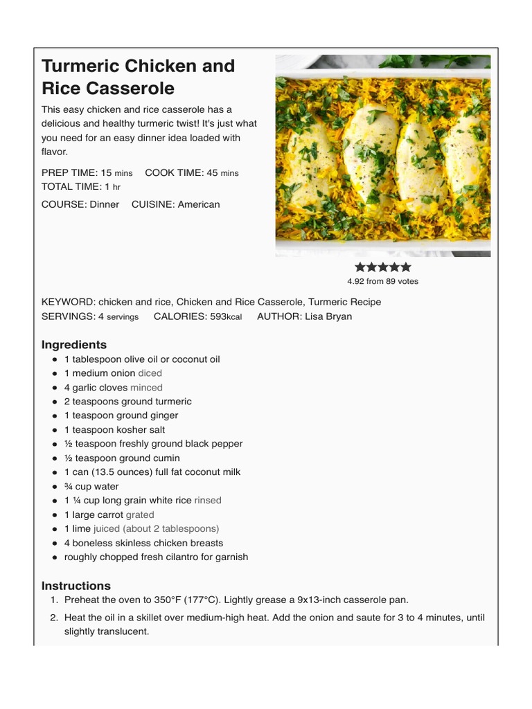 Turmeric Chicken and Rice Casserole Downshiftology PDF