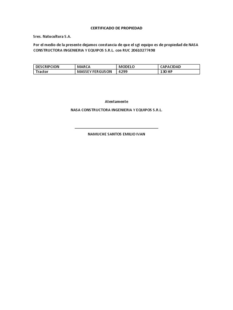 Certificado de propiedad que confirma la titularidad de un tractor