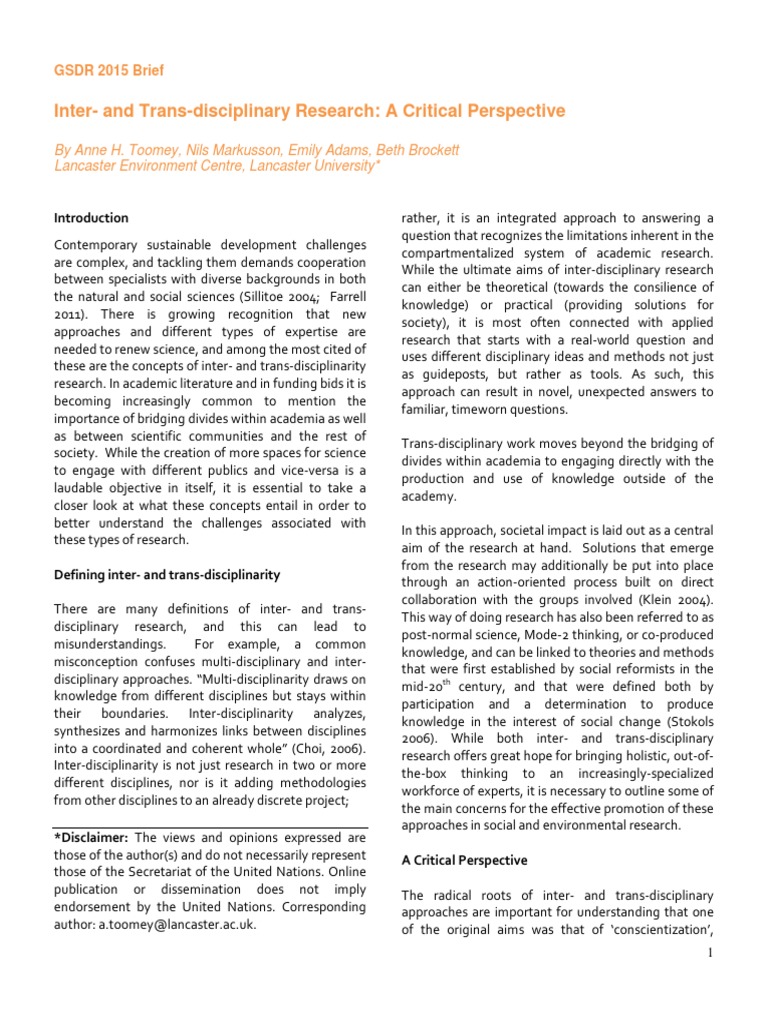 Inter - and Trans-Disciplinary Research - A Critical Perspective | PDF ...