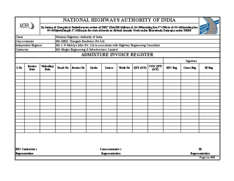 NH-66 Chengala-Neeleshwaram Invoice Register | PDF