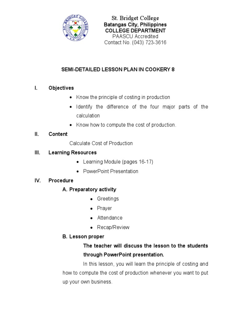Semi detailed lesson plan cost of production pdf prices economies