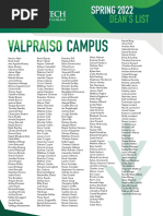 Spring 2022 Dean's List Valparaiso