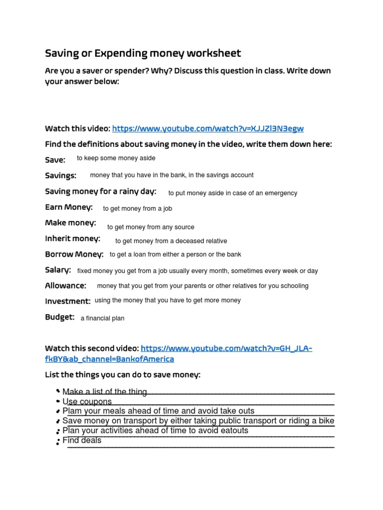Saving Money Worksheet PDF Money Saving