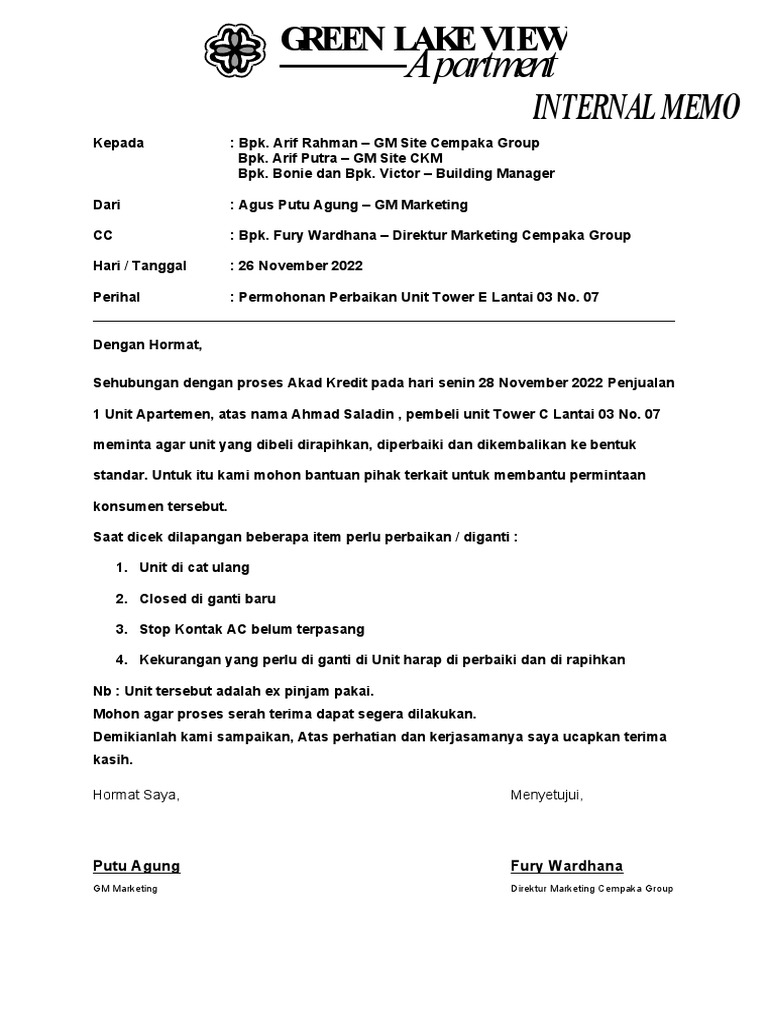 Permohonan Perbaikan Unit Ahmad Saladin | PDF