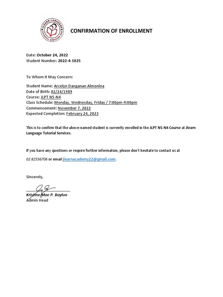 What Is Enrollment Confirmation Form