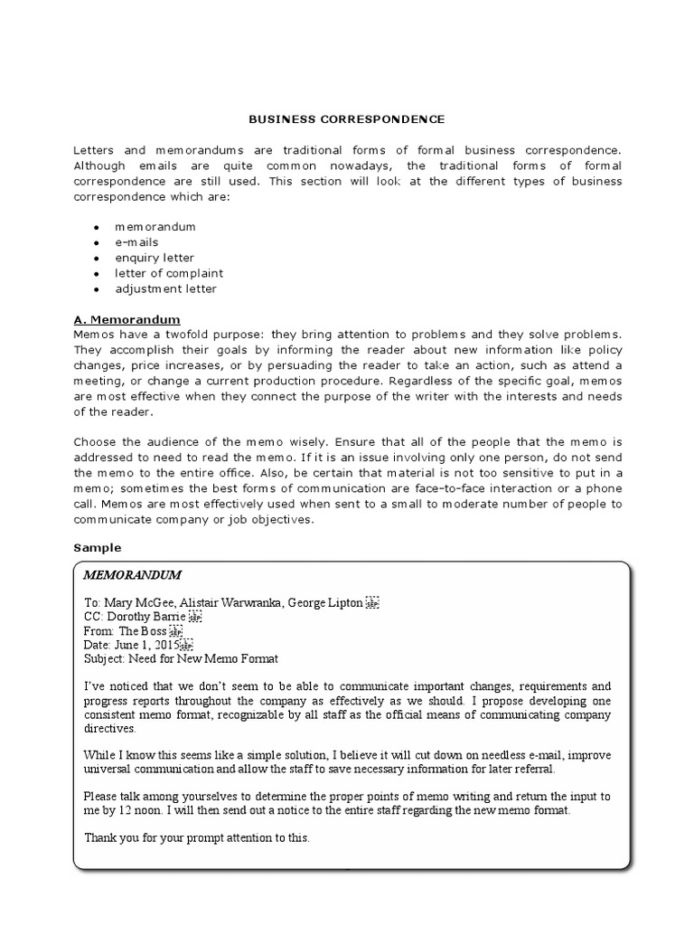 BUSINESS CORRESPONDENCE Notes and Exercises PDF Memorandum