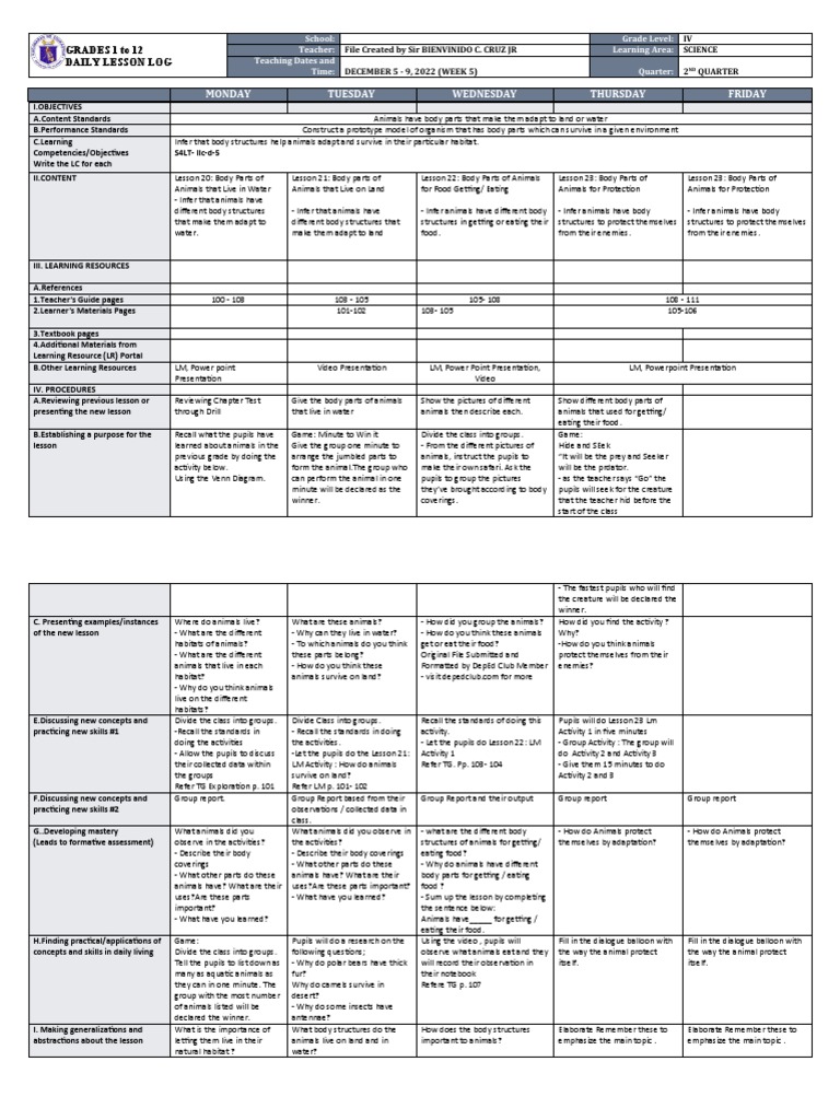 Daily Science Lesson Plan for Grades 1-12 | PDF | Learning ...