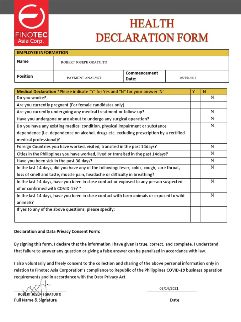 Medical Declaration for Employment | PDF | Common Cold | Substance ...